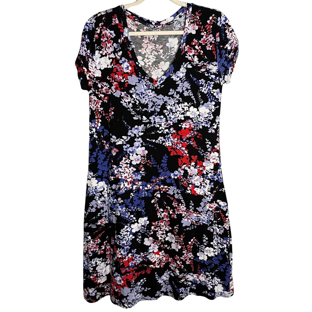 Marc New York Womens Performance Dress L Black Red Pockets Floral V-Neck Mini